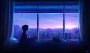 Blue Anime Girl Aesthetic On Wide Window Sunset