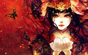 A beautiful anime girl wearing a traditional red kimono