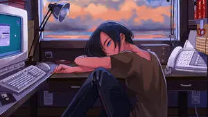 Anime Girl Tired In Front Of Laptop
