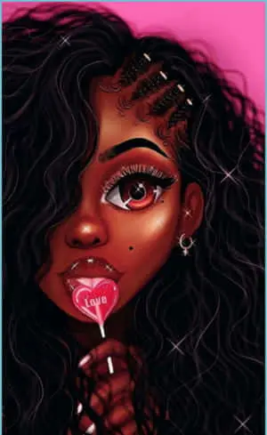a black girl with long hair and a lollipop