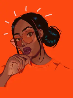 a black woman in glasses on an orange background