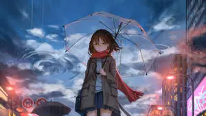 a girl with an umbrella walking down a city street