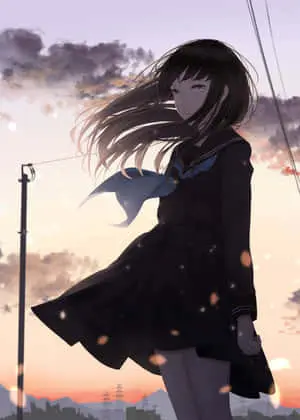 Cool Sad Anime School Girl On A Windy Day