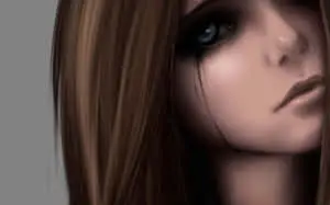 a girl with long hair and blue eyes