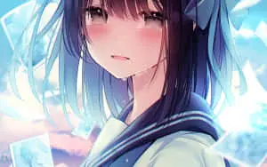 a girl with long hair and blue eyes