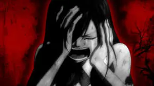 a woman with long hair is holding her hands up