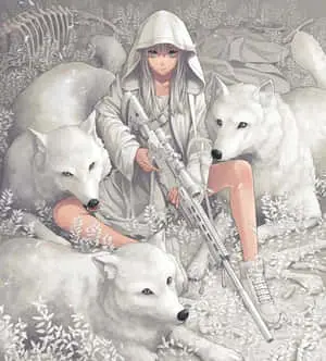 Cute Anime Girl Surrounded By White Wolves