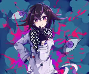 a girl with black hair and purple eyes