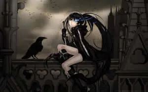 a girl in black sitting on a ledge with a crow