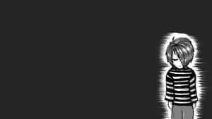 a girl in a striped shirt standing in front of a black background