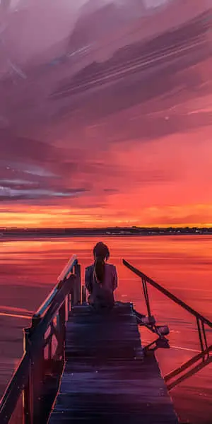 Girl Alone Picture Animated Wooden Bridge Sunset