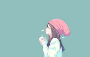 Green Anime Girl Drinking Coffee