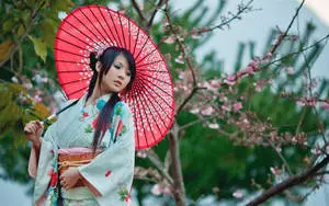 Japan Girl Red Umbrella And Yukata