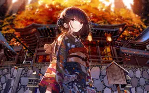 Japanese Anime Girl In Black Kimono