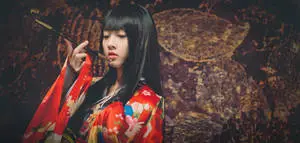 Serene Japanese Girl Enjoying a Pipe