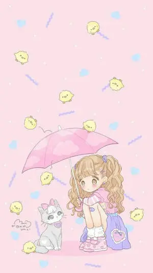Kawaii Cute Girly With Her Cat