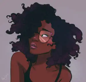 a black woman with curly hair and glasses