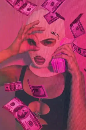 a woman in a pink mask with money flying around her