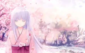 White Haired Girl Wearing Kimono Sakura Anime