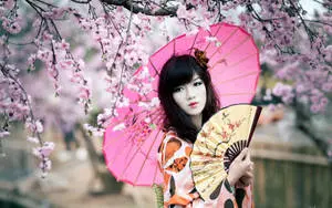 Tokyo Japan Girl With Pink Wagasa