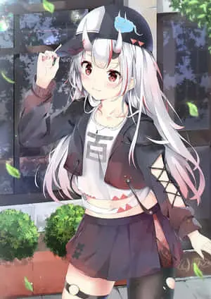 a girl in a black outfit with white hair and a hat