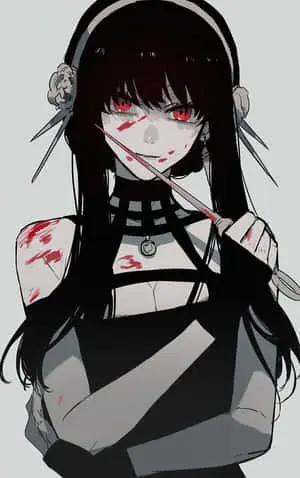 a girl with black hair and bloody eyes